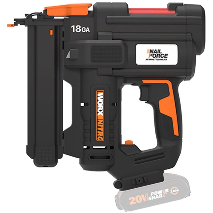 WORX WX844.9 akkus tűzőgép, 20V, 2.8kg, világítás, teljesítményállítás, 18 Gauge, fekete/narancs