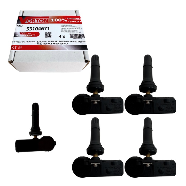 Set 4 Senzor de presiune in pneuri TPMS preprogramat VORTON Supapa roata cauciuc pentru DODGE Charger Challenger Durango Journey Grand Caravan V RAM 1500 2500 LANCIA Voyager Thema 56029398AA