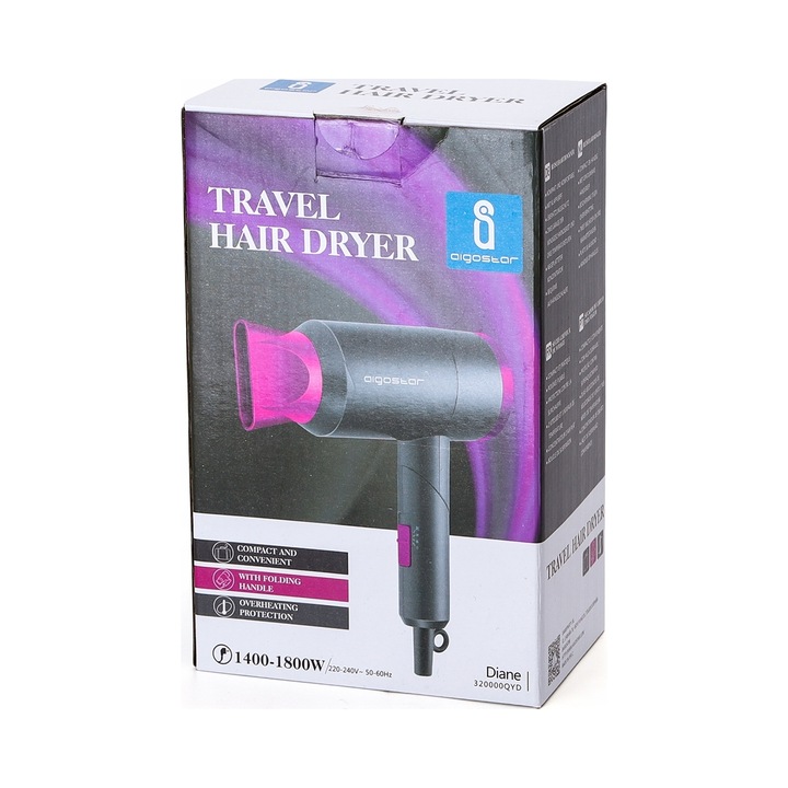 Uscator de par Aigostar Diane 1800W, 3 setari de temperatura, pliabil, cu protectie la supraincalzire, alb