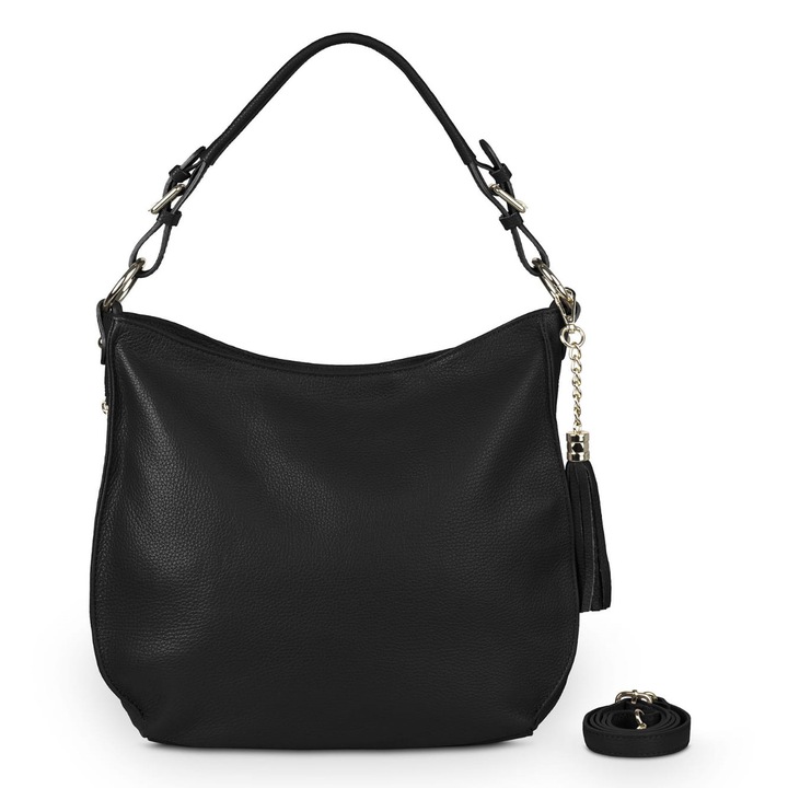 Vera Pelle női táska, olasz marhabőr, fekete, tágas fő rekesz, 6 zseb, levehető