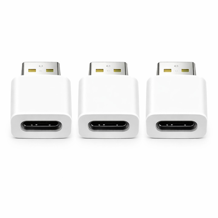 Set 3 Adaptoare OTG Bervolo® USB-A la USB C, Fast Charge 3A, Transfer Date Rapid, Carcasa Aluminiu, Compact, Alb