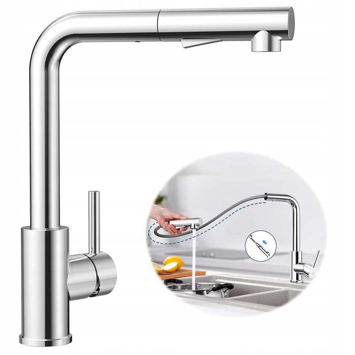 Csaptelep kihúzható kifolyóval, 2 vízsugár móddal, rozsdamentes acél, 310mm