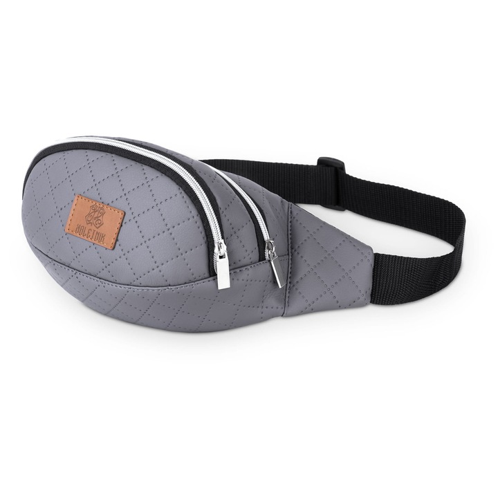 Deréktáska, Kaletnik, szürke, vízálló műbőr, fő rekesz cipzárral, széles állítható pánt