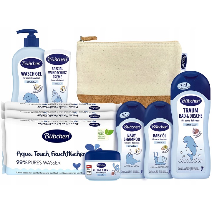 Set de ingrijire pentru bebelusi Bubchen, gel de spalare 400ml, crema protectoare 75ml, sampon 200ml, ulei 200ml, crema de ingrijire 75ml, gel dus 500ml