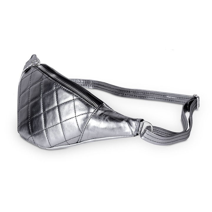 Kaletnik Zewia bőr kézitáska, ezüst, cipzáras fő rekesz, levehető bőr szíj