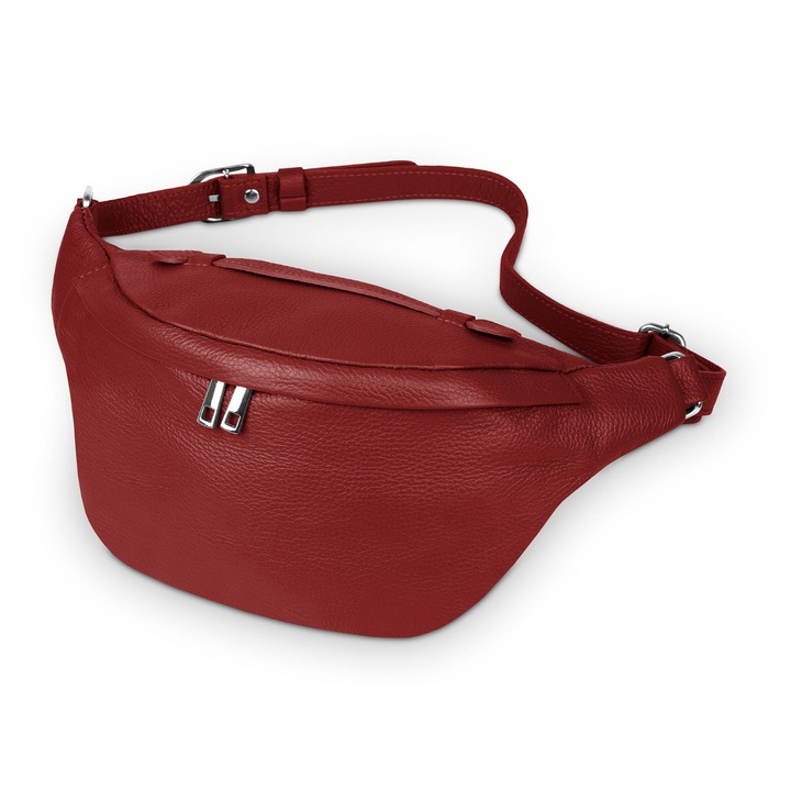 Geanta de mana din piele, Vera Pelle, rosie, compartiment principal cu fermoar, curea reglabila 90x125cm