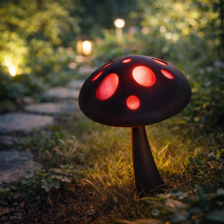 Lampa Solara LED, Decorativa, Tip Ciuperca, 44cm Inaltime, pentru Gradina, Exterior, cu Lumina Alb Cald si Joc de Culori RGB, Panou Solar Amorf, Acumulator AA Inclus, Senzor de Lumina, Material Plastic Rezistent la Intemperii