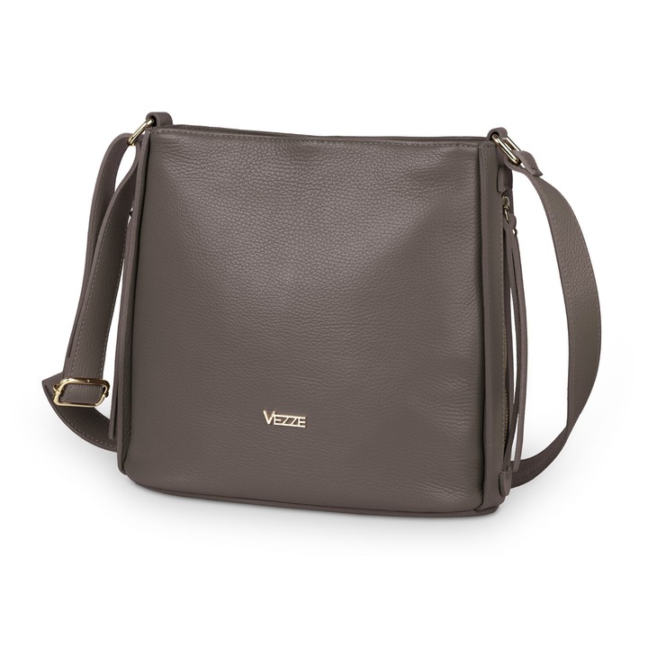 Vezze bőr válltáska, taupe, több rekeszes, állítható vállpánt