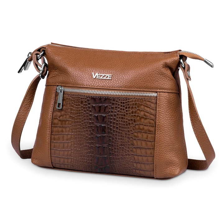 Vezze bőr válltáska, élénkpiros, több rekeszes, állítható pánt