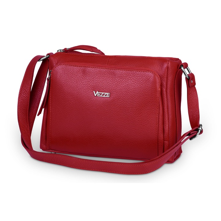 Geanta de umar din piele, Vezze, rosie, compartimente multiple, curea de umar reglabila