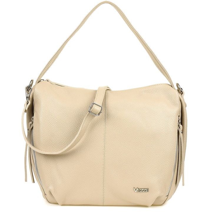 Geanta de mana din piele, Vezze Conta, bej, compartimente multiple, curea detasabila