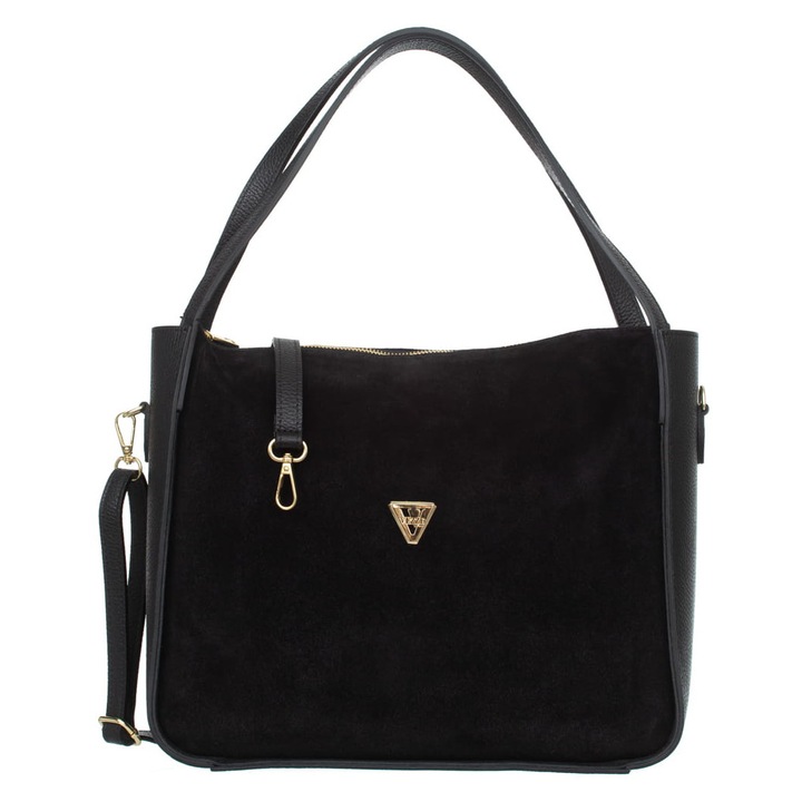 Geanta dama Vezze, piele de caprioara, neagra, curea detasabila, compartiment cu fermoar