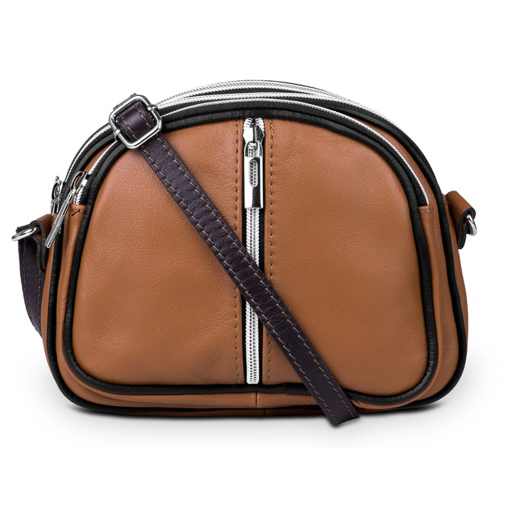 Чанта Vera Pelle, италианска телешка кожа, 3 отделения, цвят Ruda, регулируема презрамка