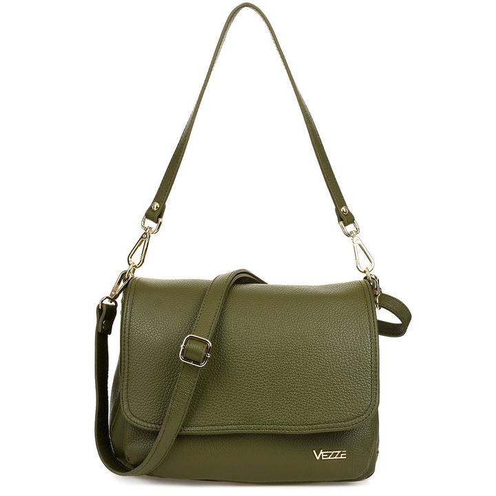 Bőrtáska, Vezze, olíva, 5 zseb, levehető pánt