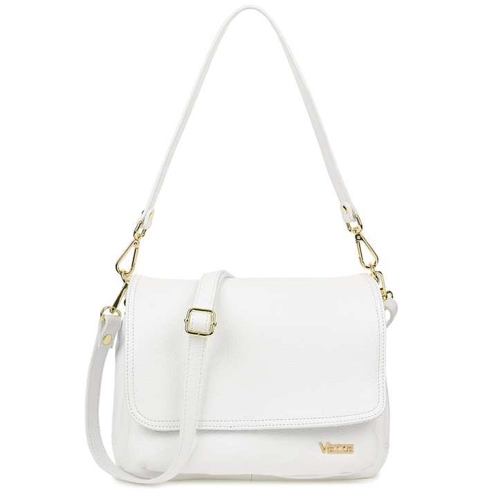 Geanta de mana din piele, Vezze, alba, 5 buzunare, curea detasabila