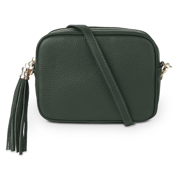 Чанта Vera Pelle, италианска телешка кожа, декоративен пискюл, цвят бутилка, малки размери