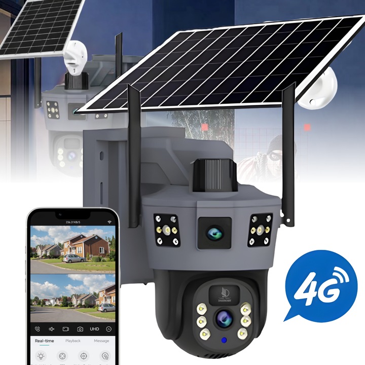 Camera supraveghere cu panou solar, Daismart, 4G, 1080P, Zoom Optic 10X, vedere nocturna color 100m, dual lens, detectare umana, urmarire automata, audio bidirectional, control 360°, IP66, exterior, gri