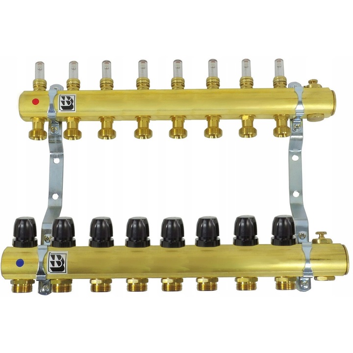 Set distribuitor incalzire in pardoseala Prandelli, 8 circuite, manere din alama, rotametre magnetice, 2x2m