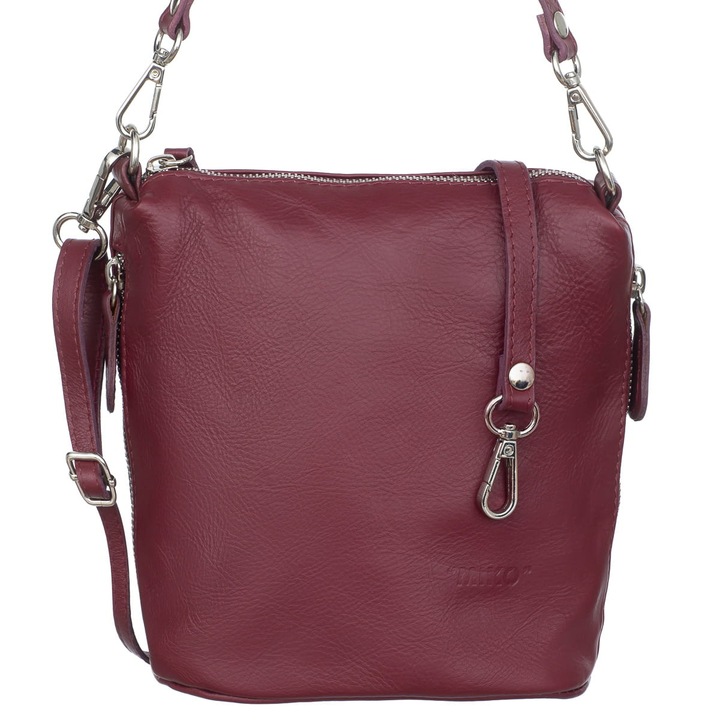 Geanta de dama Vera Pelle Miki, piele naturala, burgund, 2 buzunare laterale, curea detasabila