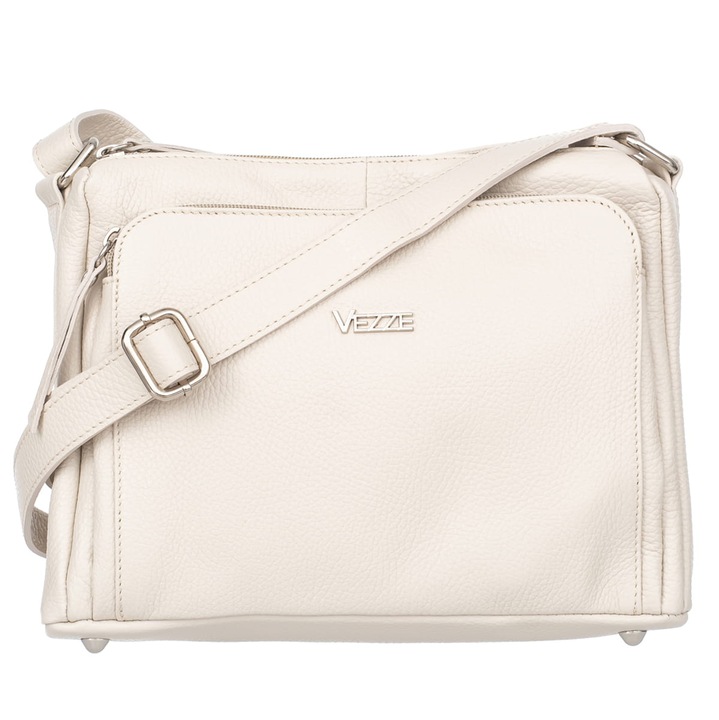 Geanta dama Vezze din piele de vaca italiana, ecru, compartimente multiple, curea de umar reglabila
