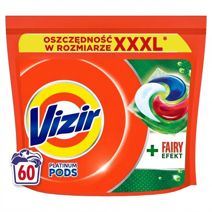 Detergent rufe Vizir + Fairy Effect, set 60 capsule, putere de curatare, eliminare pete, multicolor