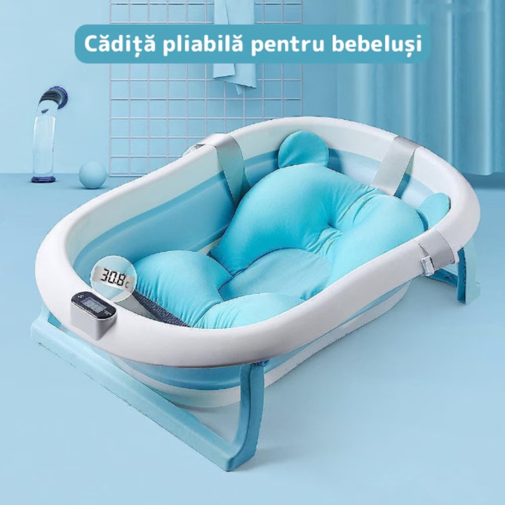 Cada pliabila pentru bebelusi cu perna, termometru digital, dop de scurgere, picioare anti-alunecare design ergonomic, 75x45x22 cm, albastru