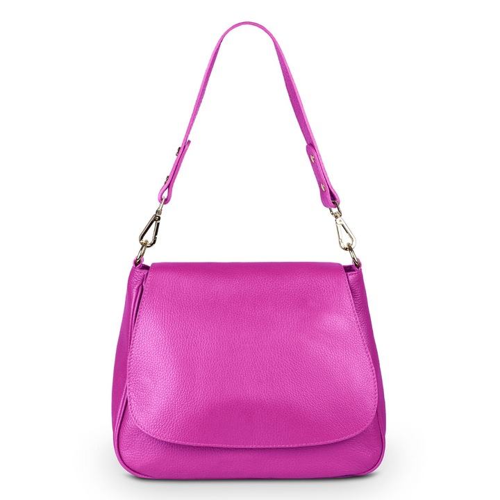 Geanta de mana din piele, Vera Pelle, fucsia, 4 buzunare, curea detasabila