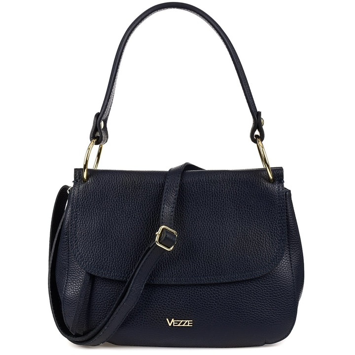 Geanta de mana din piele, Vezze, albastru inchis, 4 buzunare, curea de umar detasabila