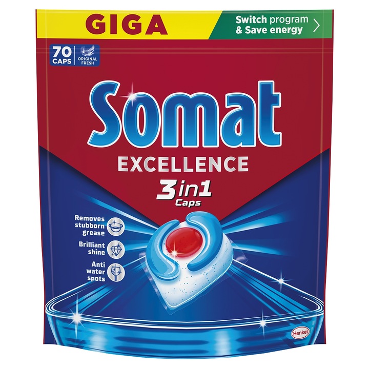 Detergent vase Somat Excellence 3in1 set 2x70 capsule, eficienta ridicata, protectie impotriva petelor, biodegradabil