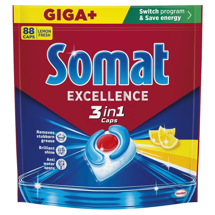 Detergent vase Somat Excellence 3in1, 88 capsule, citrice, eficienta ridicata, protectie impotriva petelor