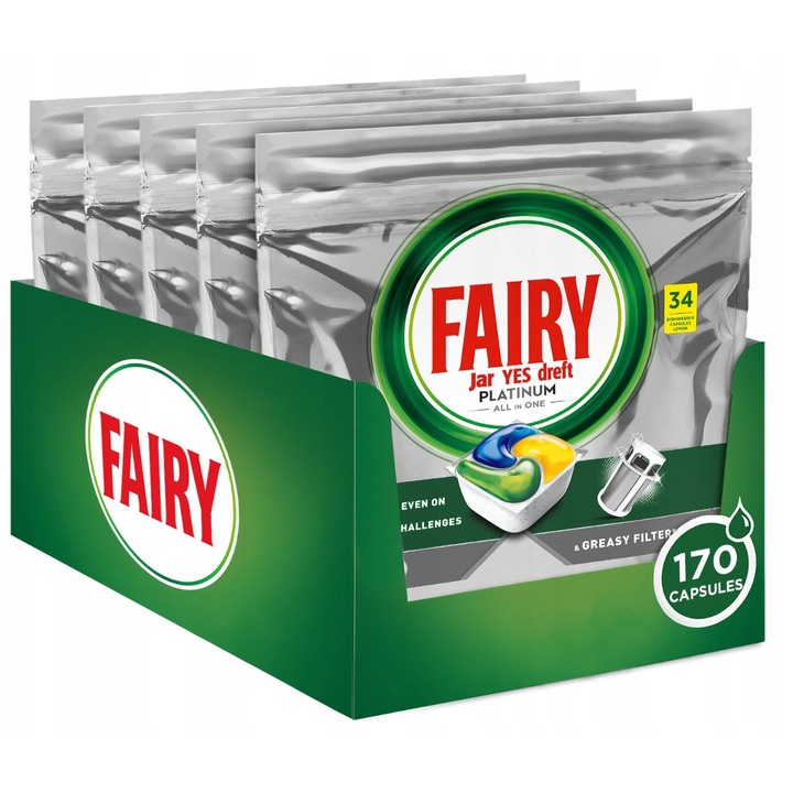 Detergent vase Fairy Platinum All in One, 170 capsule, 2 in 1, protectie sticla si argint, citrina