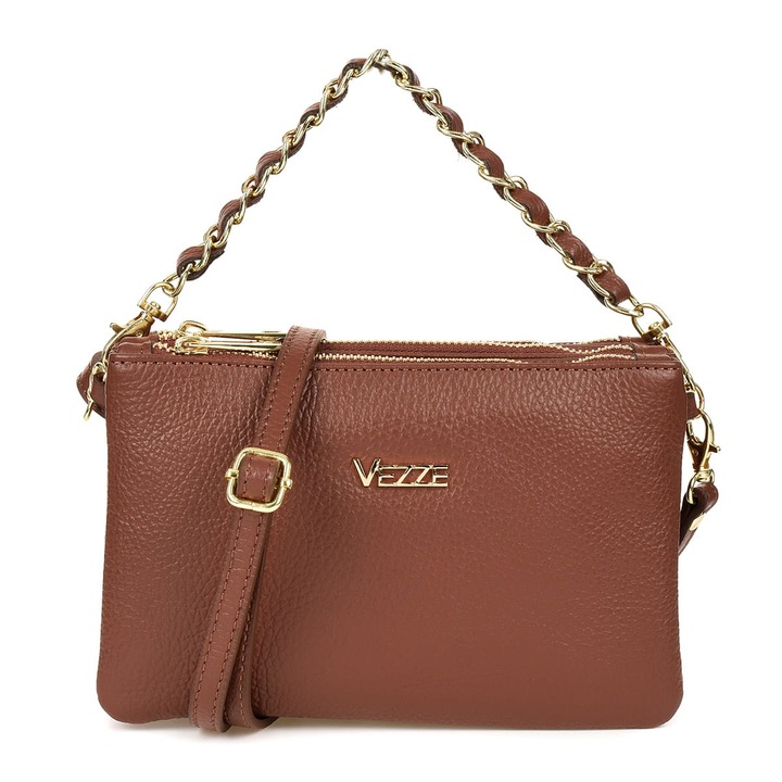 Geanta de mana din piele, Vezze, Carta Cognac, 3 compartimente, curea detasabila, aurie