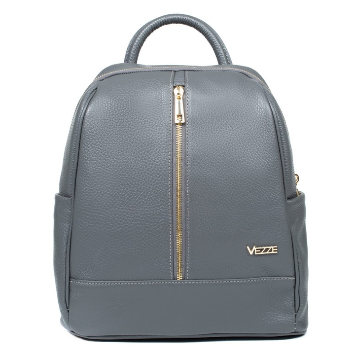 Rucsac din piele, Vezze, gri, 5 buzunare, bretele din piele ajustabile