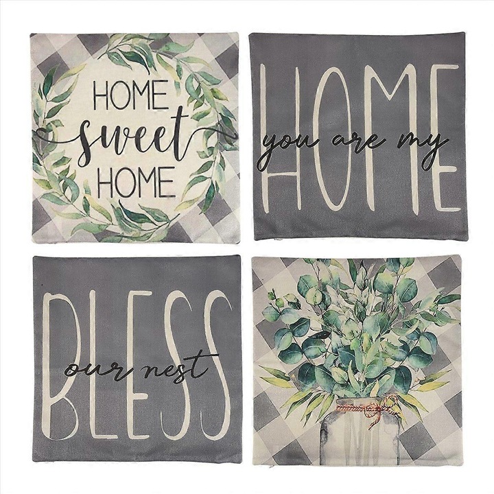 Set de 4 fete de perna 18x18, frunze de eucalipt, multicolor