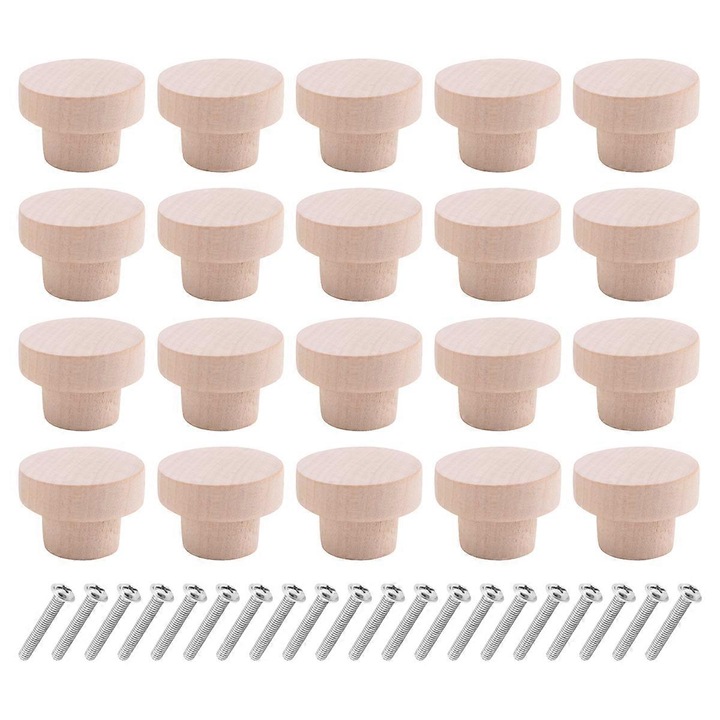 Set 20 butoane rotunde din lemn nefinisat, 35mm, culoare lemn