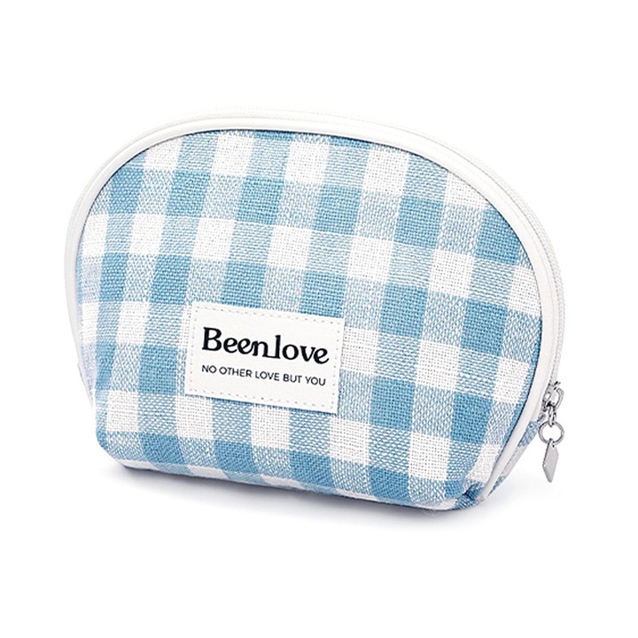 Portfard cosmetic mic, design semi-circular, albastru, 20.5x14x9.5cm, capacitate practica, ideal pentru calatorii