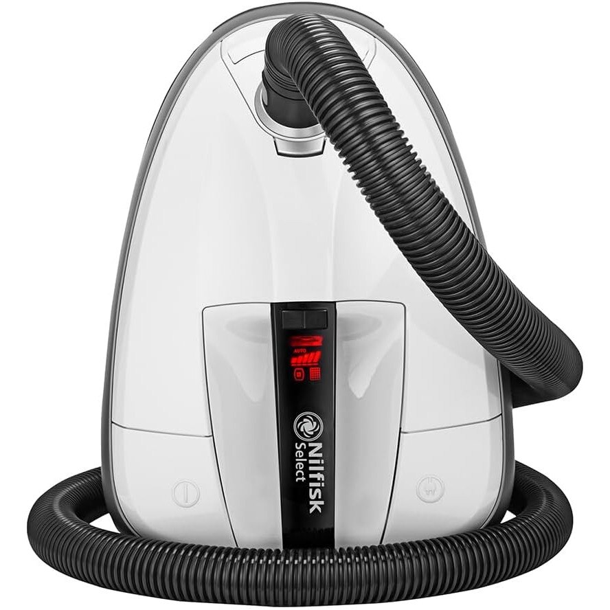 Aspirator Nilfisk Select Allergy, cu sac, filtru HEPA 14, pentru podele si covoare, putere mare de aspirare, design compact, alb