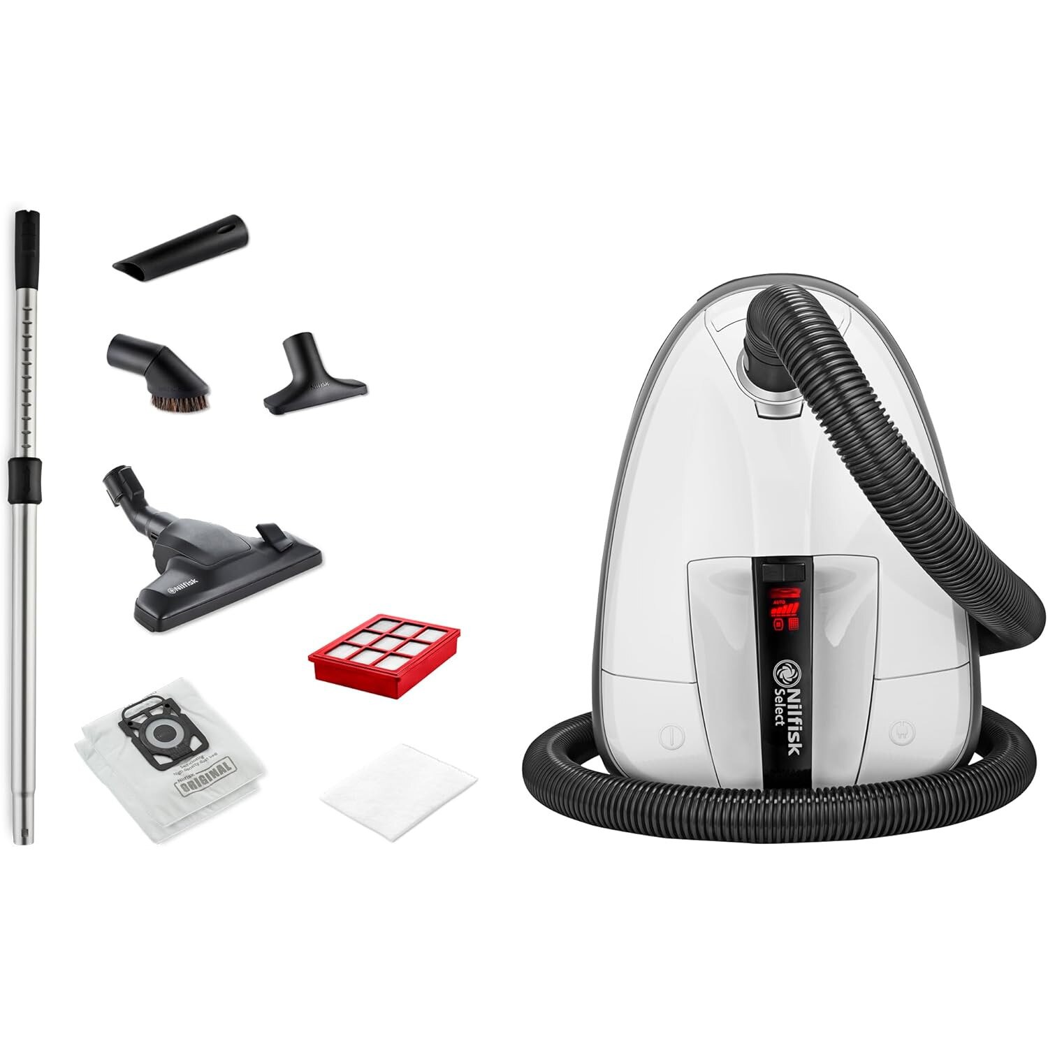 Aspirator Nilfisk Select Allergy, cu sac, filtru HEPA 14, pentru podele si covoare, putere mare de aspirare, design compact, alb
