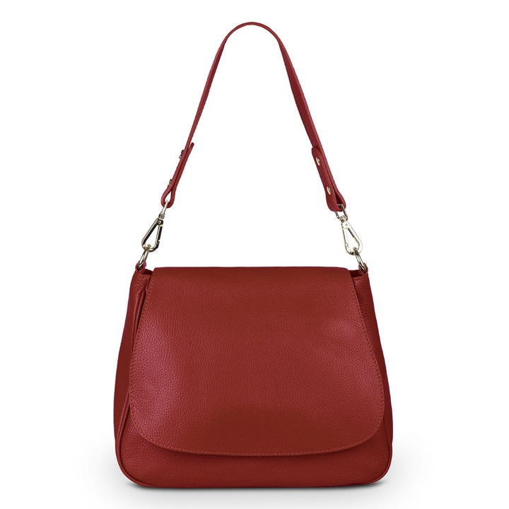 Geanta de mana din piele, Vera Pelle, rosie, cu patru buzunare, curea detasabila, dimensiuni variate