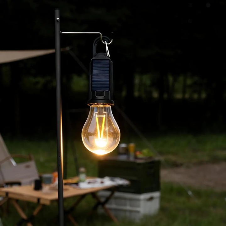Lampa solara LED tip bec portabil, lumina calda 2200K, incarcare solara si USB, intensitate reglabila 3 trepte, protectie IP44 exterior, inaltime 18.5 cm, autonomie 8 ore, negru, plastic rezistent, ideal camping, gradina, terasa sau balcon