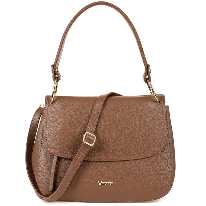 Bőr kézitáska, Vezze, konyak, 4 zseb, levehető pánt