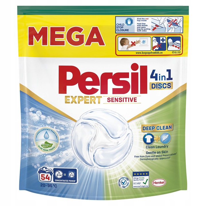 Detergent rufe Persil Discs 4w1 Expert Sensitive, 54 prania, hipoalergenic, cu aloes, 92% ingrediente biodegradabile