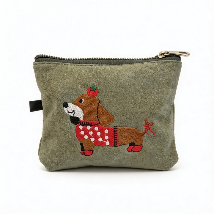 Portofel dama compact cu fermoar, broderie catel teckel, material textil moale, pentru monede, carduri si accesorii, verde
