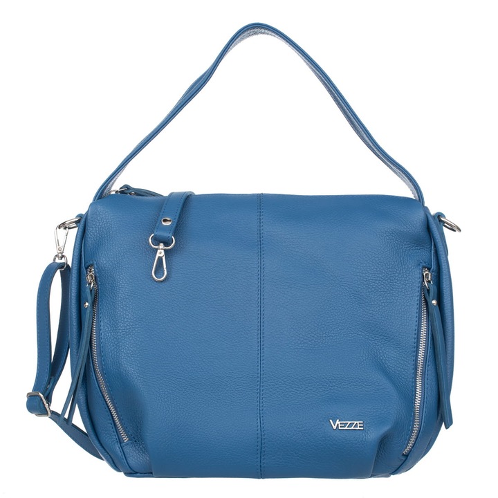 Geanta de mana din piele, Vezze, compartimente multiple, argintie, 30x15x25cm