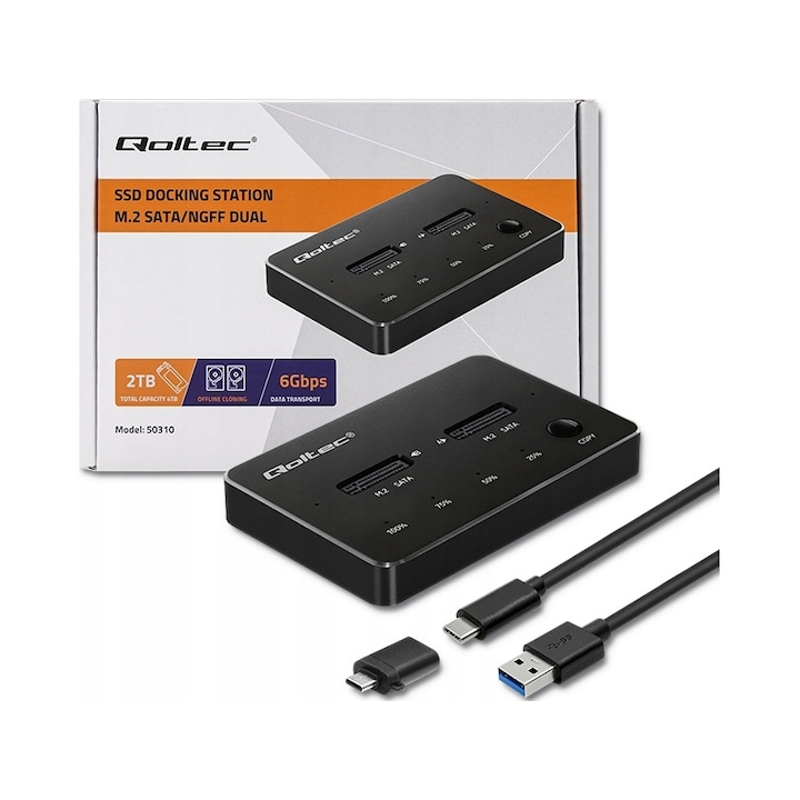 Statie de docare pentru 2x SSD M.2 SATA NGFF, Qoltec, USB tip C, 6 Gb/s, design ergonomic