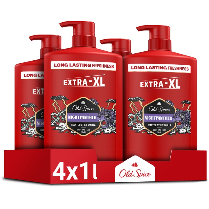 Old Spice Night Panther 3 az 1-ben tusfürdő, 4x1L, étcsokoládé, citrus és vanília illattal