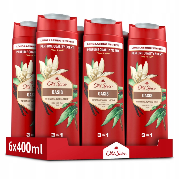 Old Spice Oasis 3 az 1-ben tusfürdő, 6 x 400ml, vanília és ámbra illat, mélytisztítás
