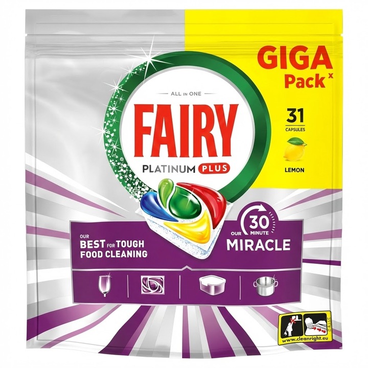 Fairy Platinum Plus mosogatógép kapszula, 30 Minute Miracle, 93 kapszula, citrom, szett