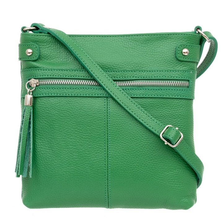 Geanta de umar din piele Vera Pelle, verde iarba, 3 buzunare, curea reglabila