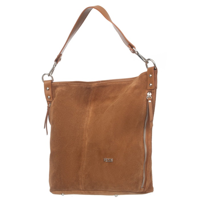 Дамска чанта Vezze, велурена кожа, просторна, червена, с подвижна презрамка